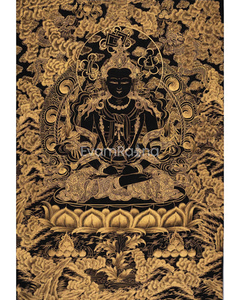 Hand-Painted Black and Gold Amitayus Buddha Thanka