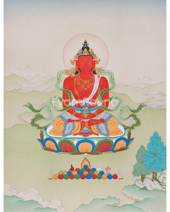 Amitayus Buddha in Natural Stone Colors Thangka