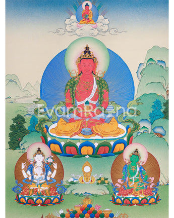 Traditional Amitayus Thangka Print | The Buddha of Boundless Life | Sacred Longevity Artwork