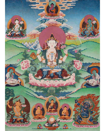 Avalokiteshvara Mantra Practice Thangka Print