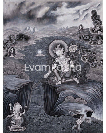 Boddhisattva Manjushree Thangka Creating Kathmandu Valley With The Self Born Light Swayambhu