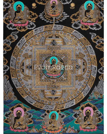 Black Silver and Gold Buddha Mandala
