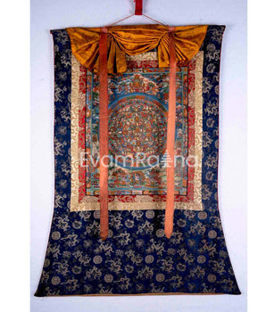 Vintage Buddha Mandala with Brocade | Original Hand-Painted Mandala Thangka | Tibetan Buddhist Arts |