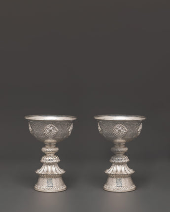 Pure Silver Tibetan Butter Lamp Set