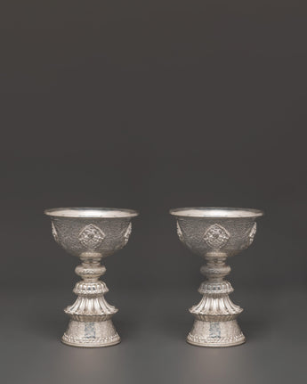 Pure Silver Tibetan Butter Lamp Set