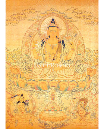 Chengrezig Avalokitesvara Hand-painted 24k Gold Style Thangka Flanked by Vajrapani & Manjushree