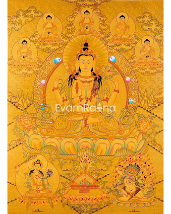 Chengrezig Avalokitesvara Hand-painted 24k Gold Style Thangka