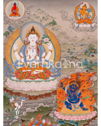 Four-Armed Avalokiteshvara Thangka Artwork Print | Traditional Bodhisattva Chenrezig on Cotton Canvas