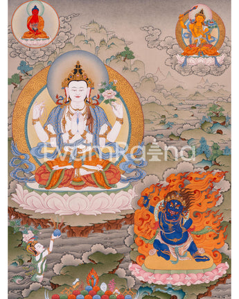 Four-Armed Avalokiteshvara Thangka Artwork Print | Traditional Bodhisattva Chenrezig on Cotton Canvas