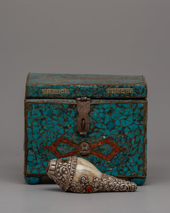 Handmade Wooden Tibetan Box With Sankha
