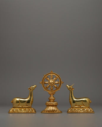 Gold-Plated Dharma Wheel with Deer Set