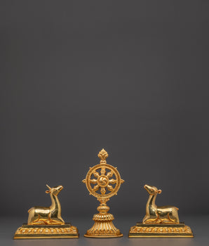 Gold Plated Dharma Wheel with Deer | Tibetan Buddhist Altar Symbol