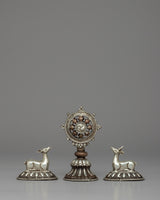 Silver-Plated Buddhist Dharma Wheel & Deer Set