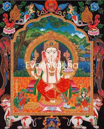 Ganesh Thangka Painting With Kartikeya and Saraswati