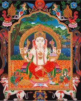 Ganesh Thangka Painting With Kartikeya and Saraswati