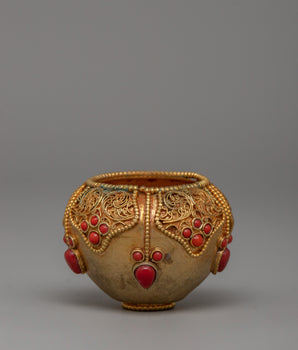 Copper Bowl with Filigree & Coral Stones