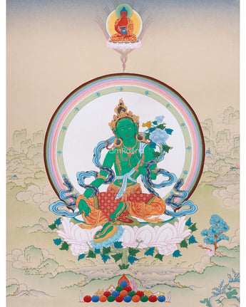 Uniquely Hand-Painted Green Tara Protection Deity Thangka