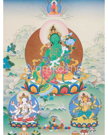 Radiant Green Tara Thangka Print, with Ushnisha (Namgyalma) and Pannasavari