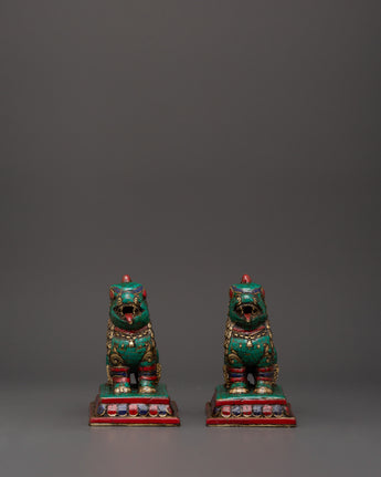 Tibetan Lion Set Brass Guardian Statues