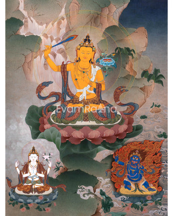 Manjushri with Chenrezig and Vajrapani Thangka