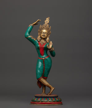 Maya Devi brass statue with turquoise