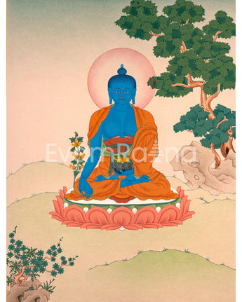 Buddhist Art: Lapis Lazuli Medicine Buddha Thangka Print for Meditation
