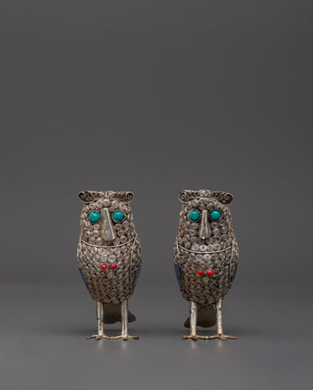 Handmade White Metal Owl Set