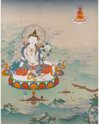 2-Armed Chenresig with Amitabha Buddha Thangka Print