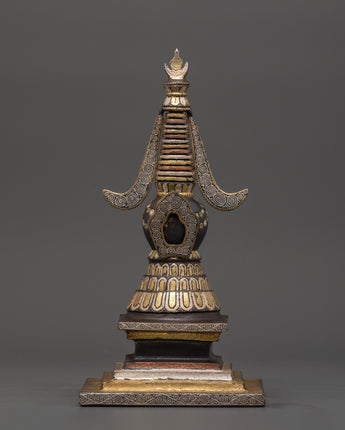 Handcrafted Iron Stupa with Silver Plating & Brass Inlay
