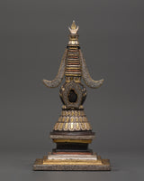 Handcrafted Iron Stupa with Silver Plating & Brass Inlay