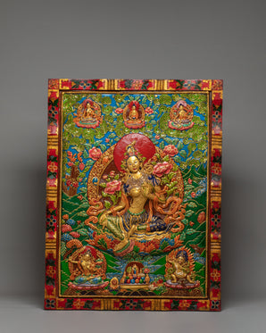 Handmade Green Tara Thangka Wall Hanging | Tibetan Buddhist Sacred Art