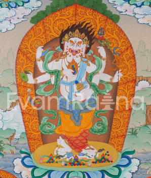 Thangka Print of White Mahakala with Five Jambala: Assembly of Wealth Deities