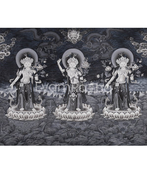 White Tara, Manjushri and Green Tara Standing Thangka Print