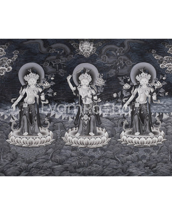 White Tara, Manjushri and Green Tara Standing Thangka Print