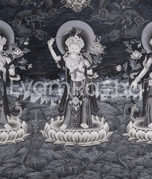 White Tara, Manjushri and Green Tara Standing Thangka Print | Newari Style Print