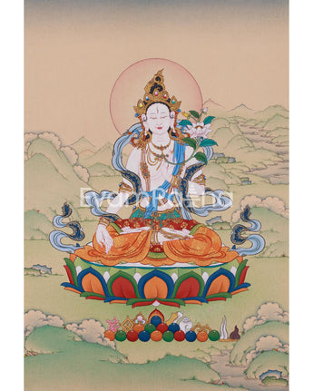 White Tara Buddhist Art | Seven-Eyed Goddess of Healing | 24K Gold & Natural Stone Colors
