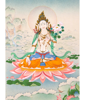 High Quality Digital White Tara Thangka Print | The Serene Goddess of Healing and Compassion