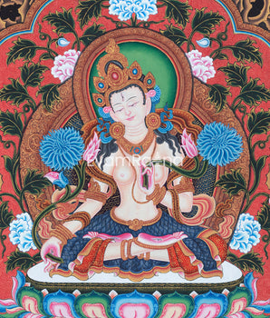 White Tara Buddha Art Print As Spiritual Room Decoration | Traditional Newari Thangka Print For Wall Decoration