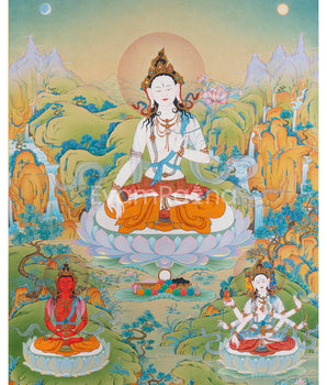 White Tara and Bodhisattvas Thangka Print | White Tara, Amitayus, and Namgyalma For Wall Decor