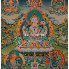 The image is a vibrant and colorful depiction of Buddhist deities, including Buddha, surrounded by various other figures and symbols. The overall composition is intricate and detailed, showcasing the rich cultural heritage and artistic style of the Buddhist art form.