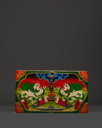 Tibetan Wooden Box with Snow Lions