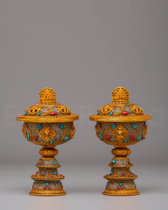 Electro Gold Plated Butter Lamp Set for Ritual Use