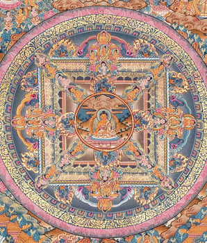 The Sacred Buddha Mandala Embraced by Deities | Handmade Sacred Thangka Painting for Meditation &  Good Luck to house |