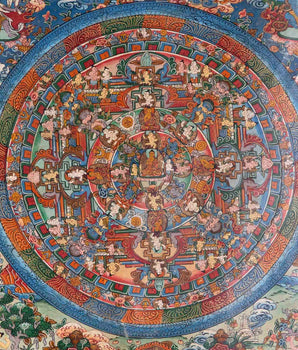 Vintage Buddha Mandala with Brocade | Original Hand-Painted Mandala Thangka | Tibetan Buddhist Arts |