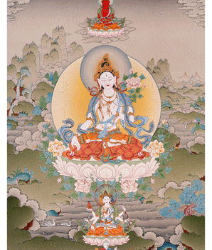 Thangka Print of White Tara | Tibetan Artwork of the Three Longevity Deities