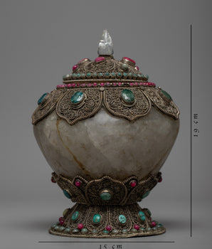 Crystal Bowl | Old Tibetan Filigree Carving Gemstones Inlay | Home Decors