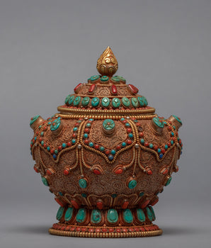Gulpa Filigree Embed Turquoise, Red Coral, Lapis & Gem Stones | Buddhist Tank Jar