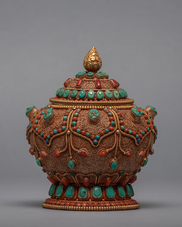 Gulpa Filigree Embed Turquoise, Red Coral, Lapis & Gem Stones | Buddhist Tank Jar