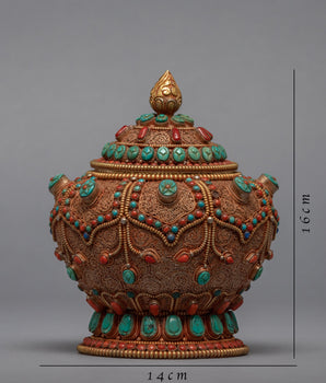 Gulpa Filigree Embed Turquoise, Red Coral, Lapis & Gem Stones | Buddhist Tank Jar