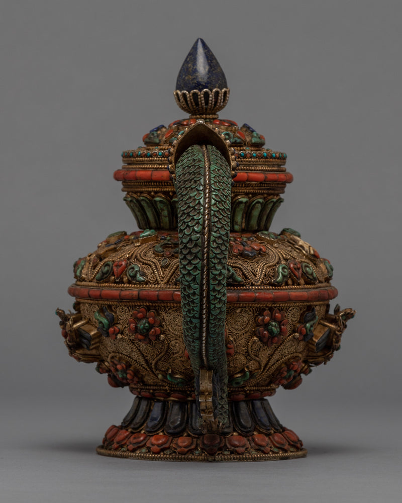 Buddhist Handcrafted Tea Pot for Home Decor | Gemstones Inlaid Tibetan Pot Art